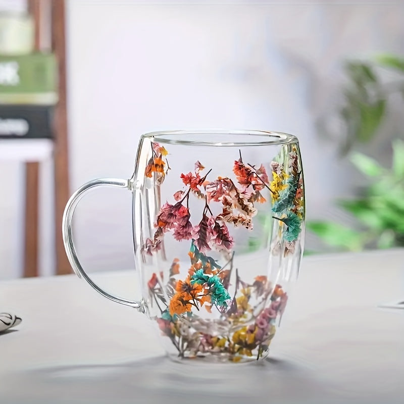 1 Elegant Floral Glass Coffee Mug, 11.83oz Double-Walled Cup with Colorful Flowers, Perfect Gift for Coffee Lovers