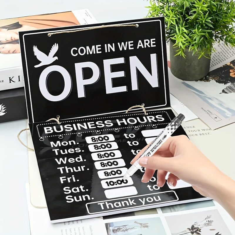 Enhance your bar with our sophisticated double-sided hanging sign for "Open/Closed" featuring a stylish retro design. Crafted from durable black acrylic, this elegant sign includes a pen for easy customization of business hours and customer notes.