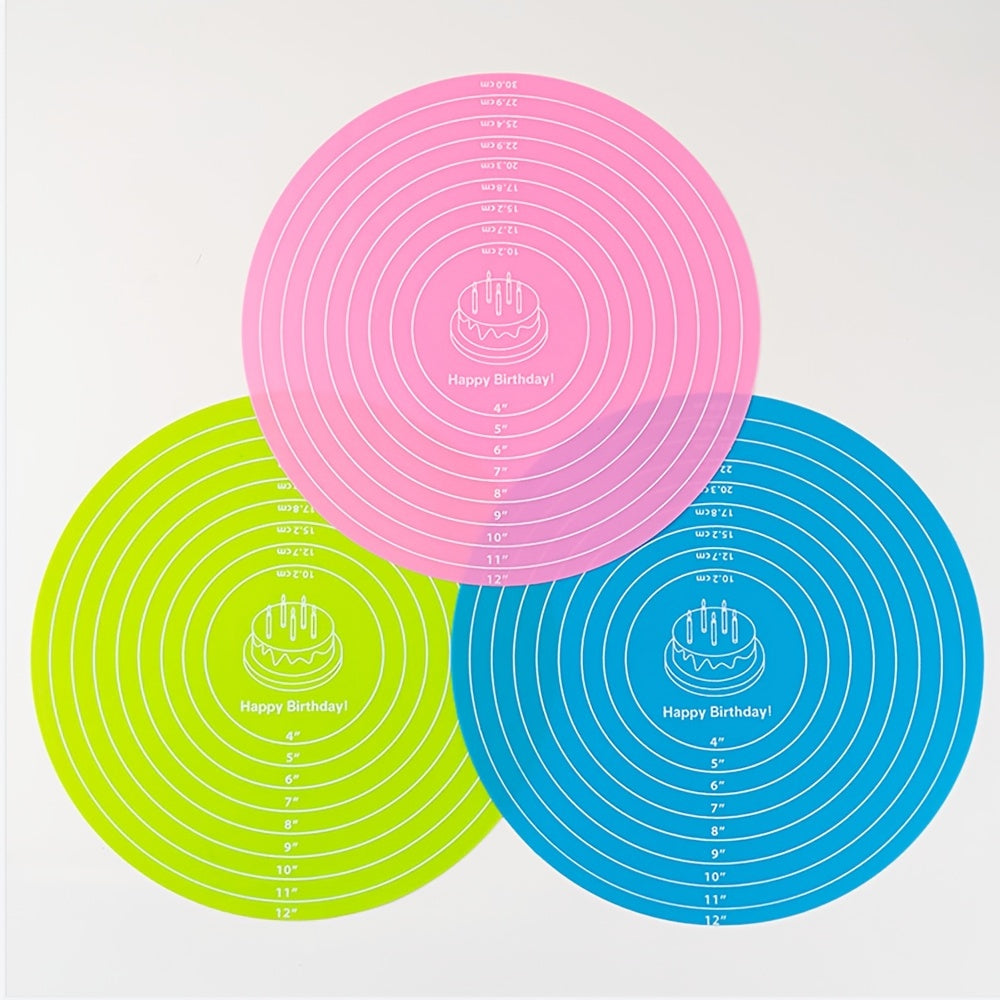 1 piece of 29.97cm Round Cake Turntable Mat made of Silicone. This multipurpose mat can be used as a Baking Mat, Scale Mat, Heat Insulation Mat, and Placemat. It is designed to be non-stick and non-slip, making it a perfect addition to your kitchen