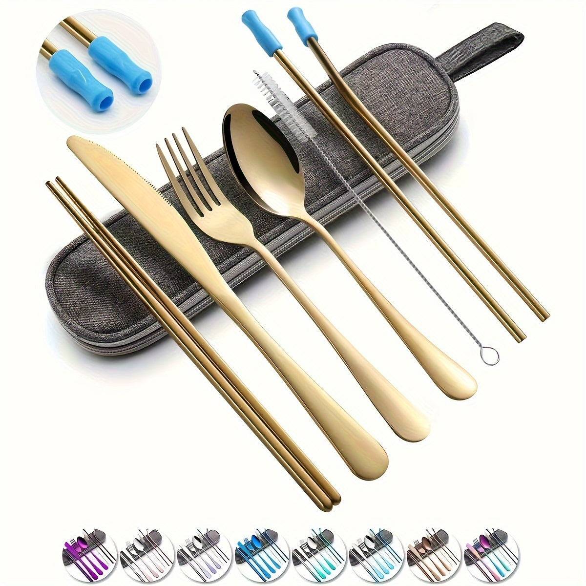 Travel camping set with 8 pieces of stainless steel cutlery includes knife, fork, spoon, chopsticks, cleaning brush, straw, and carry case.