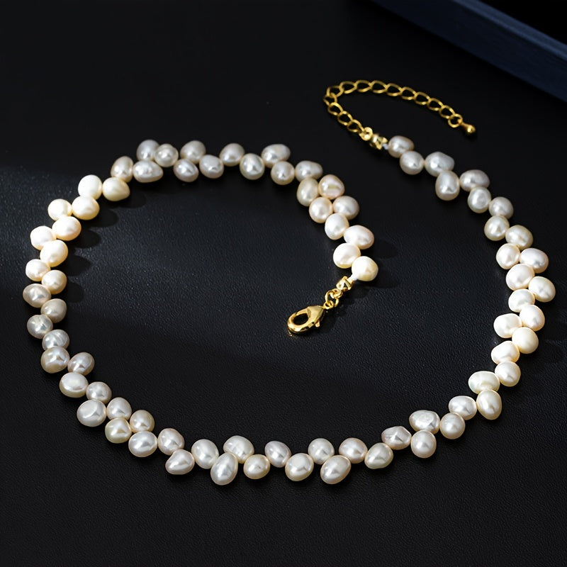 Elegant Baroque Small Rice Grain Freshwater Pearl Necklace for Women, a Luxury and Stylish Clavicle Chain perfect for Mother's Day featuring 80pcs of 8mm Irregular Freshwater Pearls in a New Design.