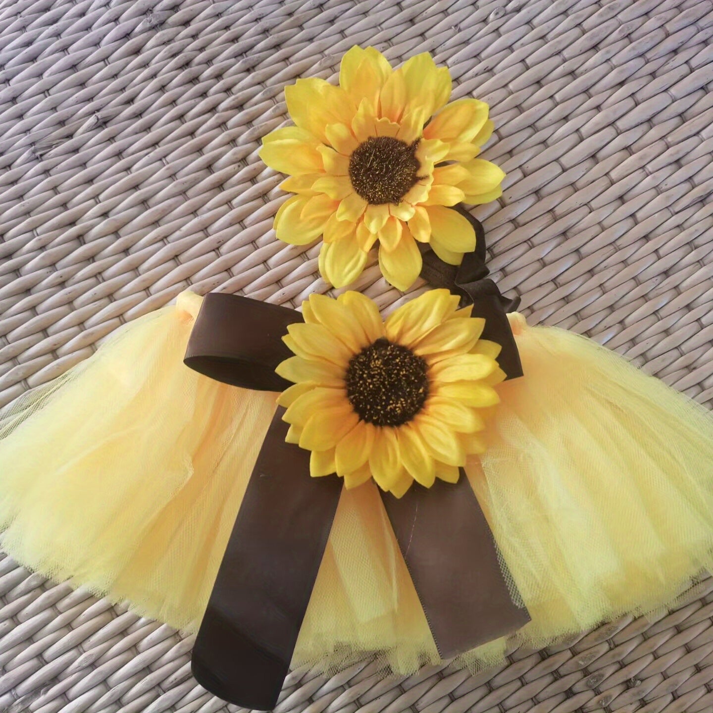 Newborn Baby Sunflower Tutu Skirt with Bow, Baby Headdress, Flower Girls Photography Prop Outfit, Costume