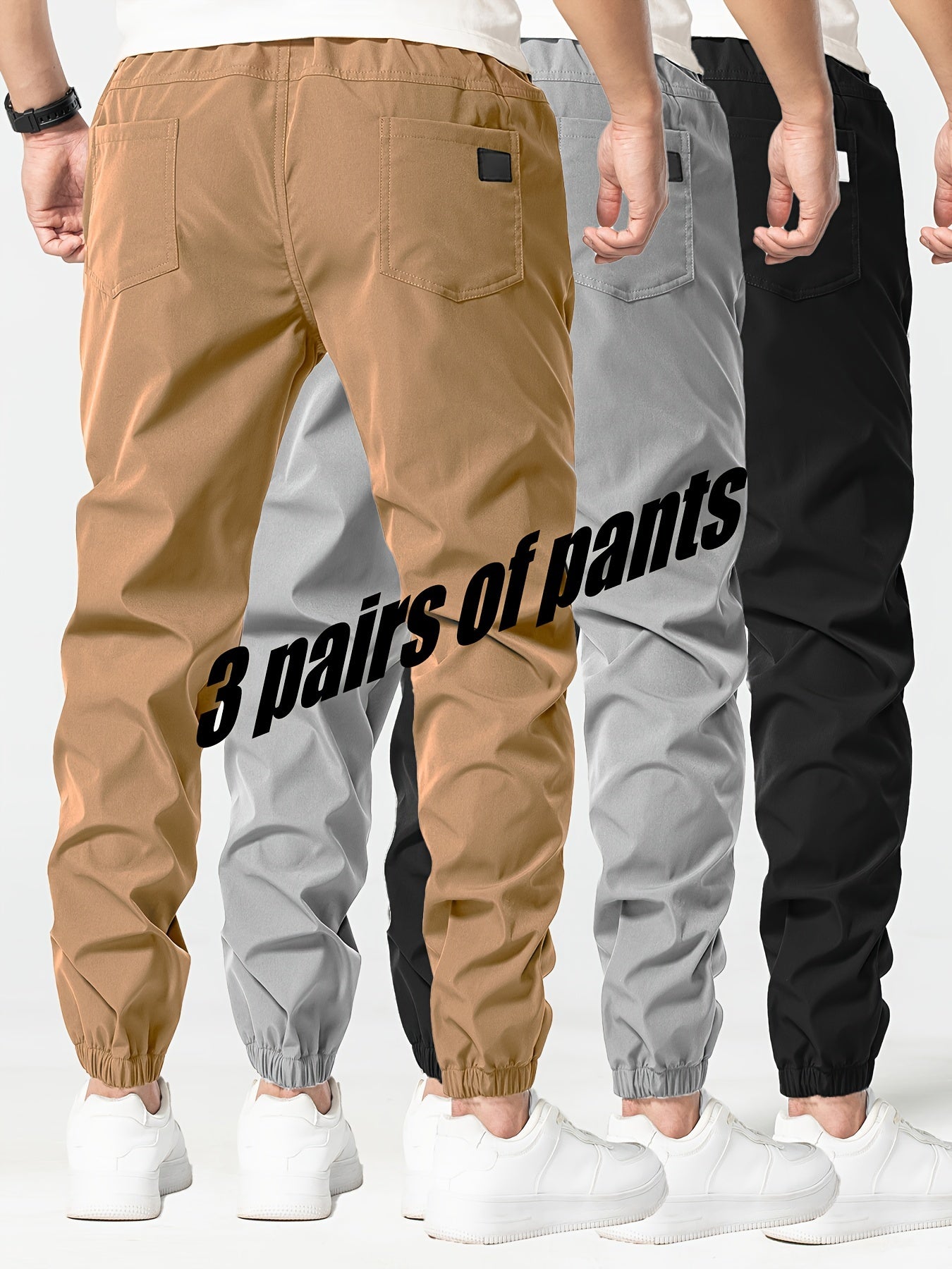 Three-pack of men's loose casual pants in 100% polyester solid color, featuring multi-pocket waist drawstring and non-stretch woven fabric, part of the Spring Collection, 180g/m².