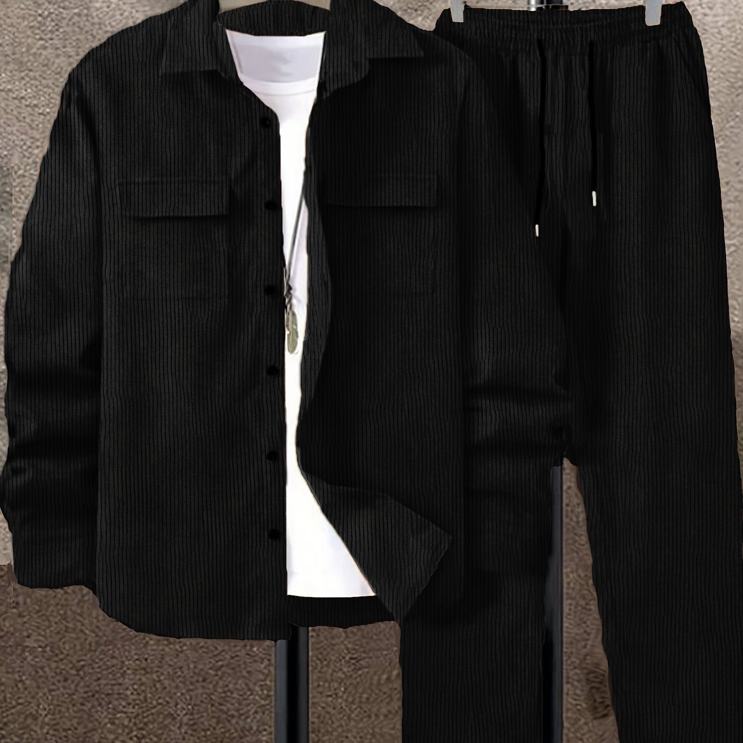 Men's corduroy suit with long sleeve shirt and pants.