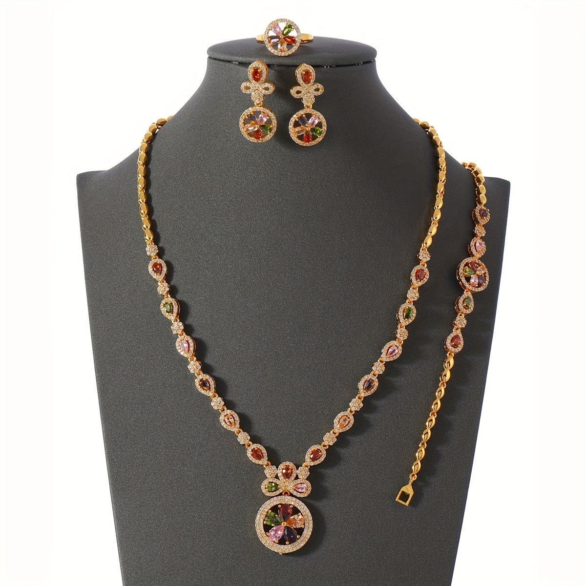 Elegant Women's 4-Piece Jewelry Set with Vintage Luxury Vibe - Featuring 24K Gold Plated Copper and Synthetic Zirconia Stones in a Timeless Circle Motif. Includes Necklace, Bracelet, Ring, and Earrings - Perfect for Weddings, Banquets, or as a Thoughtful