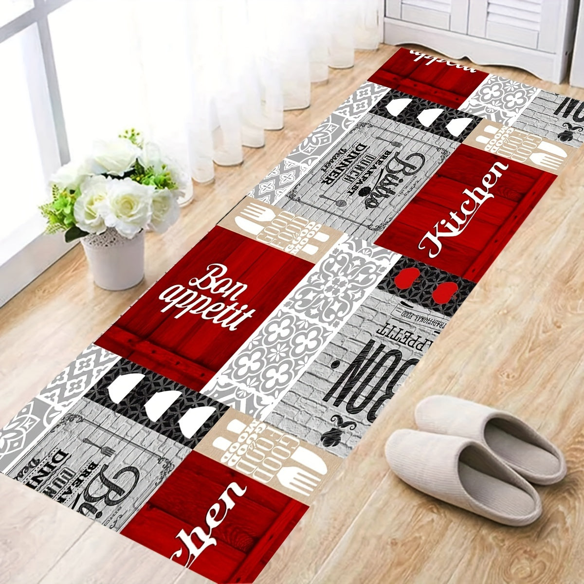 1 piece of Red Stitching Plaid Kitchen Floor Mat with Non-slip backing, 1cm thickness Door Mat suitable for Corridors and Area Rugs. This versatile mat can be used for Home Decor, Room Decor and makes a great Housewarming Gift.