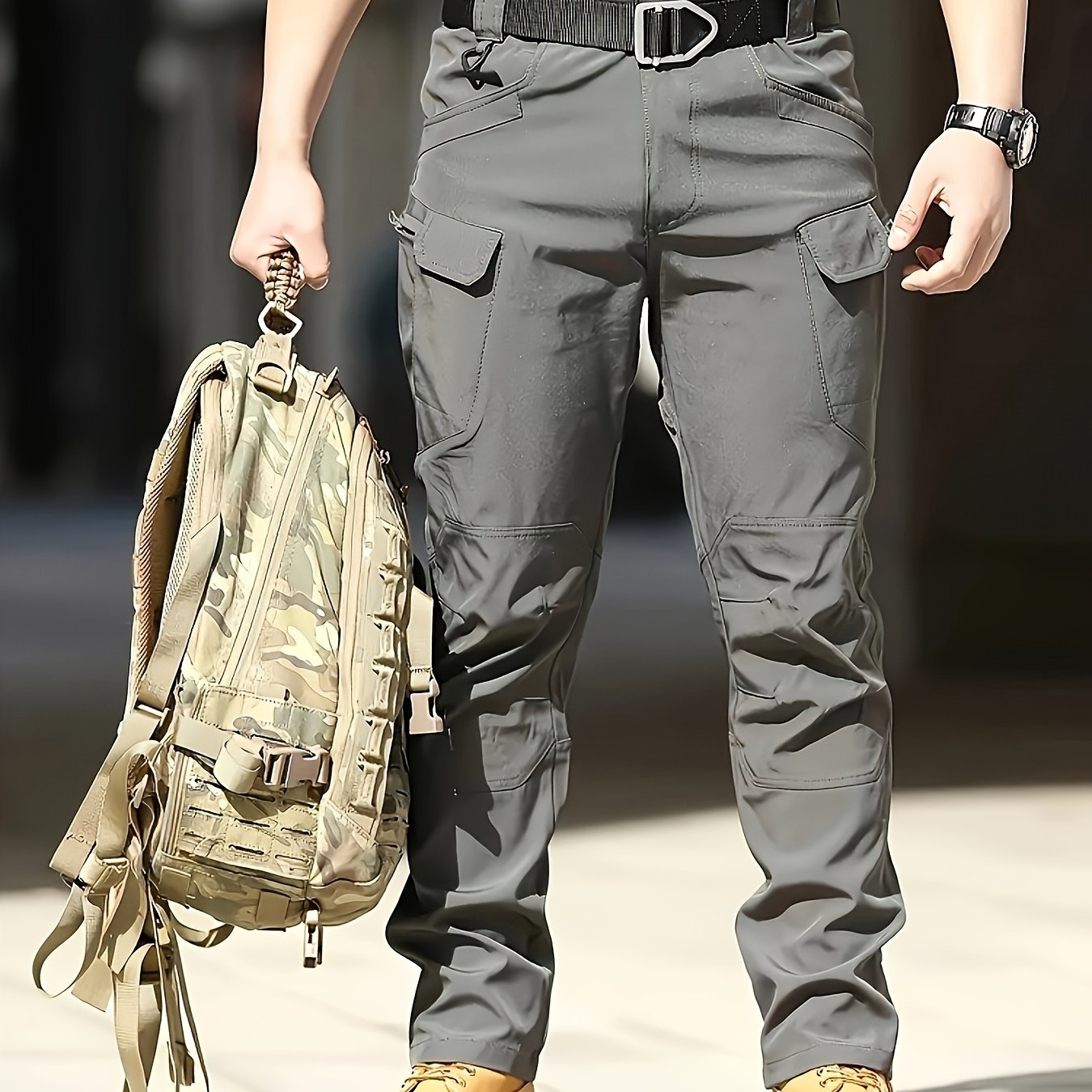 Men's Tactical Cargo Pants in Dark Gray for outdoor and hiking activities, made of durable lightweight polyester with multi-pocket design. Casual military style, machine washable for