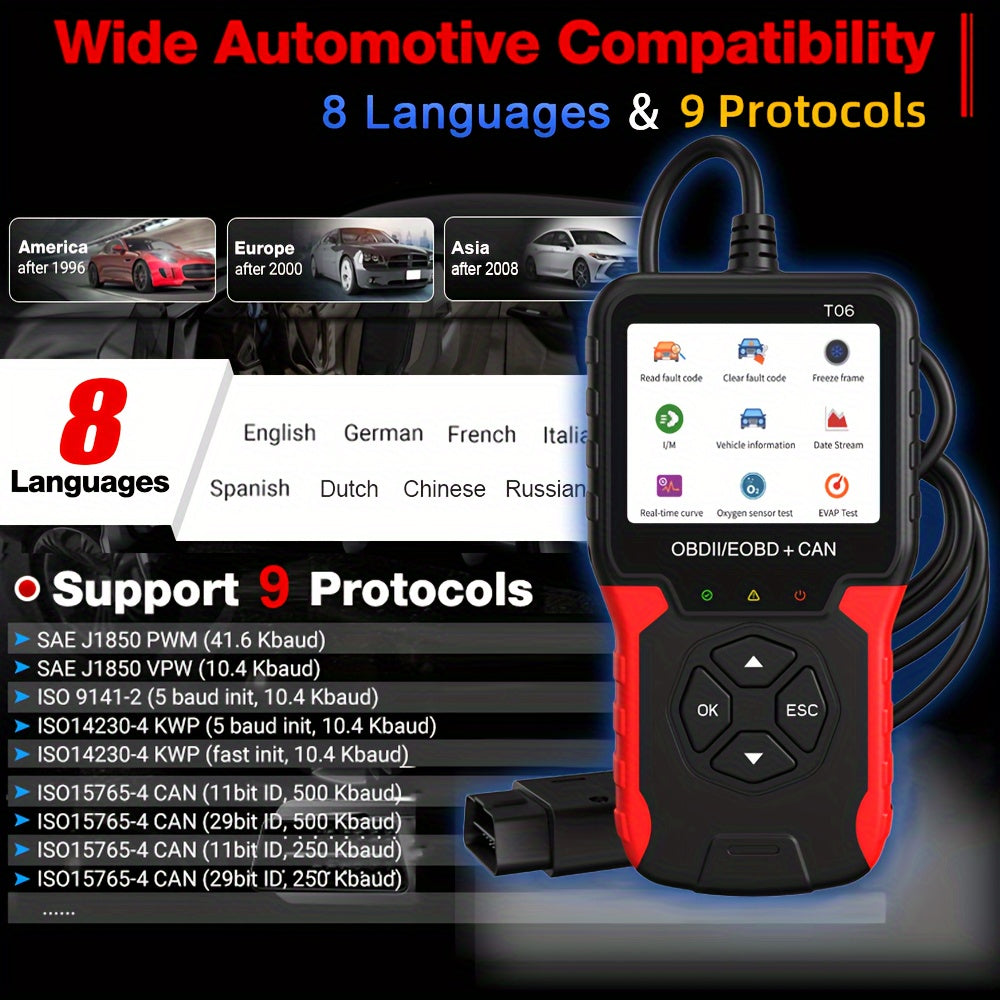 1pc OBD2/E0BD+CAN Diagnostic Scanner Tool, USB Powered, Engine Code Reader with Reset Function, compatible with cars post 1996, 8 languages, 9 protocols, no battery needed.