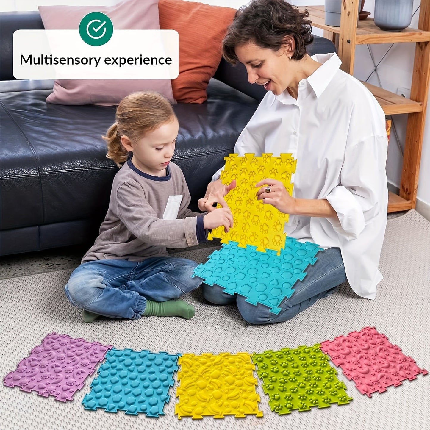 Sensory Tiles Puzzle Floor Mat - Set of 8 Pieces for Children's Sensory Room, Textured Rug Carpet, Orthopedic Massage Mat for Autism - Silicone Massage Mat for Kids with Sensory Needs