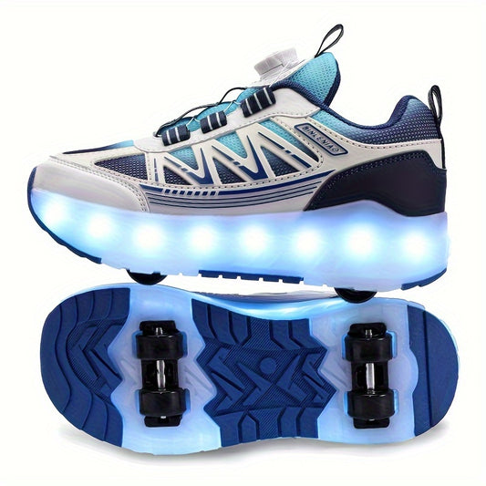 Skate shoes for youth with LED lights, four-wheel detachable design, trendy street fashion, random pattern, suitable for all seasons and sports scenes like roller skating. Features rotary