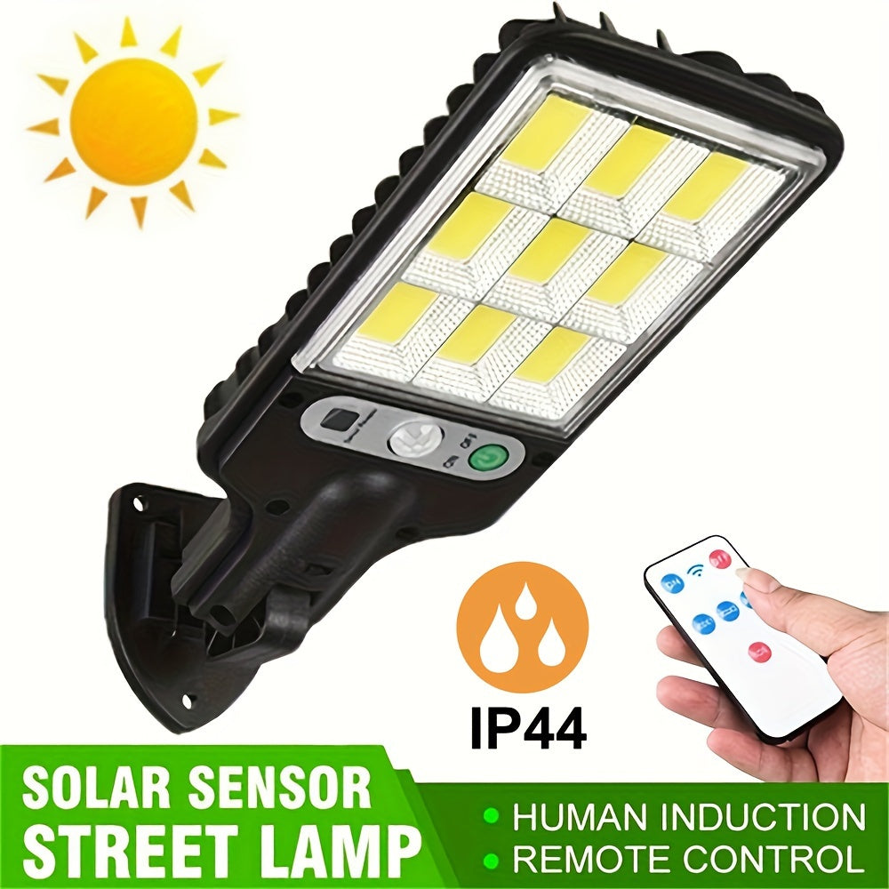 Solar motion sensor light with remote controller, solar-powered security light for garden, garage, yard, and backyard.