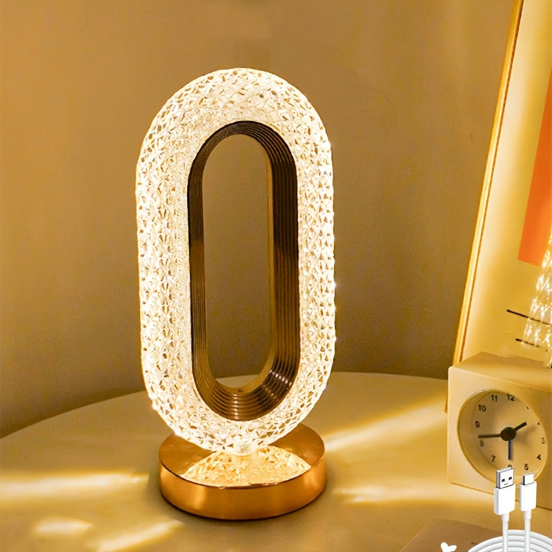 Luxurious oval crystal table lamp with USB charging, perfect for bedroom, living room, or party decor.