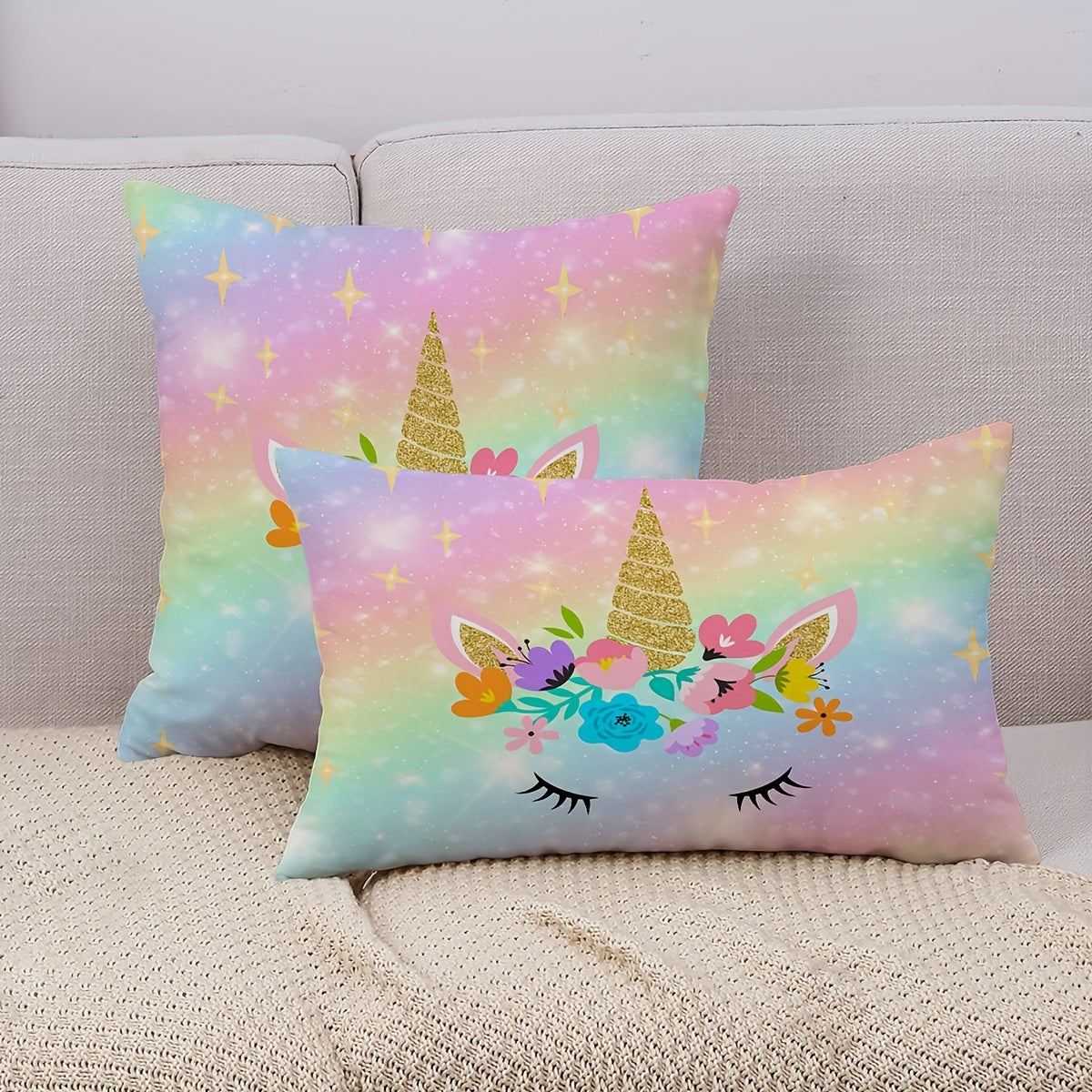 Double-sided printing on cute throw pillow cover with rainbow glitter galaxy design, perfect for couch, sofa, living room, or bedroom. Pillow insert not included.