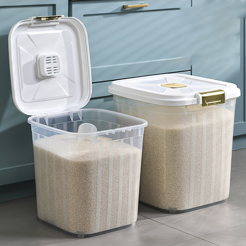 Large airtight grain storage container with moisture-proof, transparent design and easy-access white lid. Made of durable polypropylene, ideal for kitchen and pet food organization.