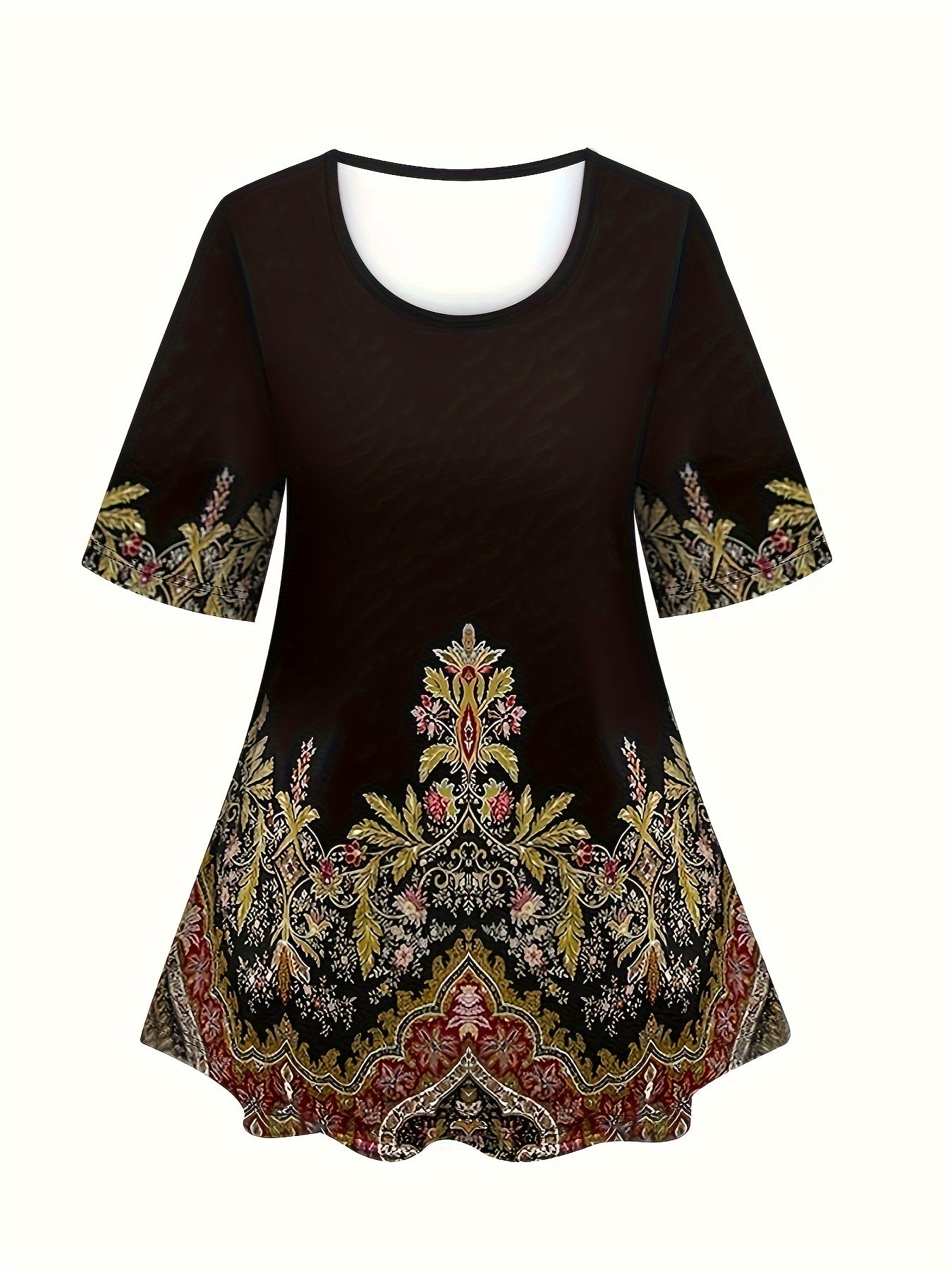 Graphic print two-piece set for plus size women, with crew neck t-shirt and pants outfit.