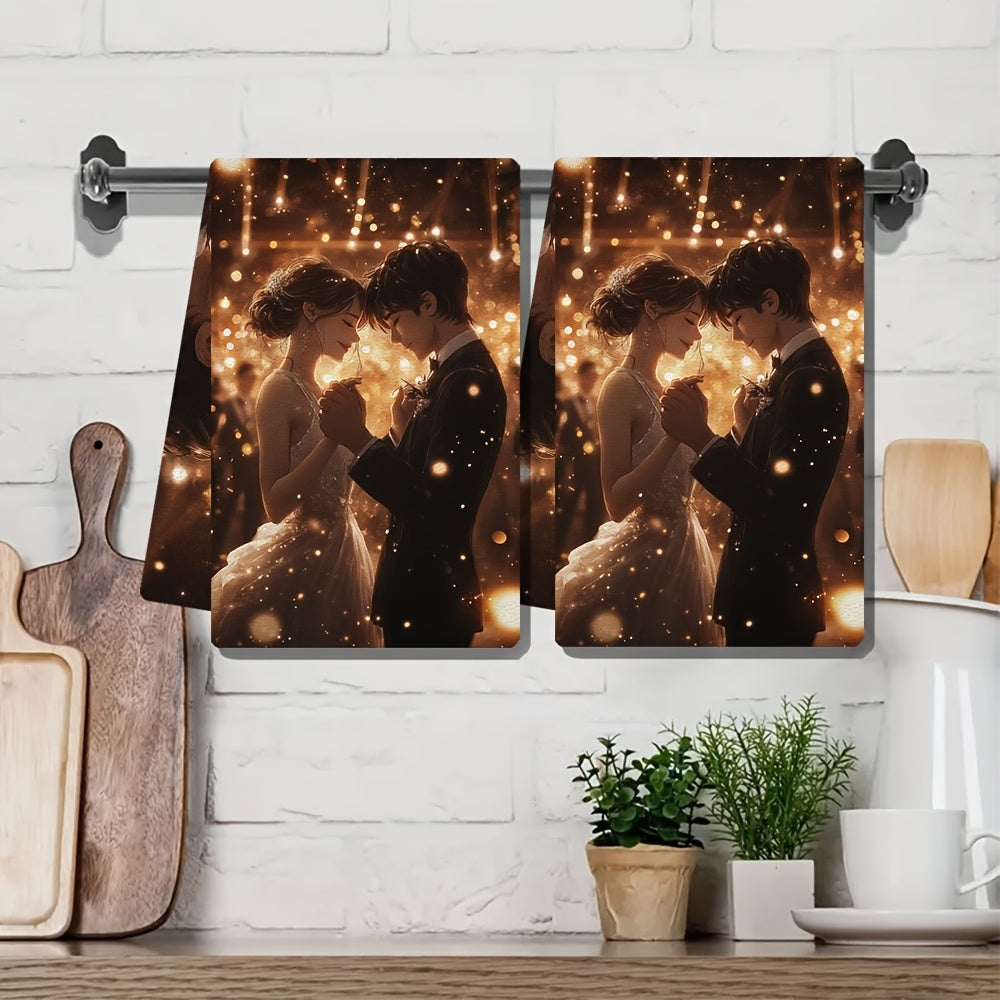 Get a pair of luxurious kitchen towels showcasing a charming anime couple dancing in a dazzling ballroom surrounded by twinkling lights and music. These super absorbent dish towels are ideal for adding a festive touch to your home decor during the