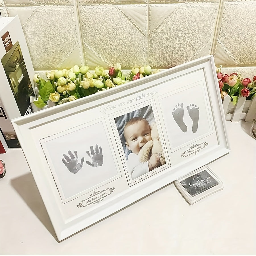 Capture your baby's precious handprints and footprints with our Keepsake Collage Picture Frame Kit. Made from durable Polyvinyl Chloride material, this frame is perfect for preserving memories. It makes an ideal gift for birthdays and milestones, and is