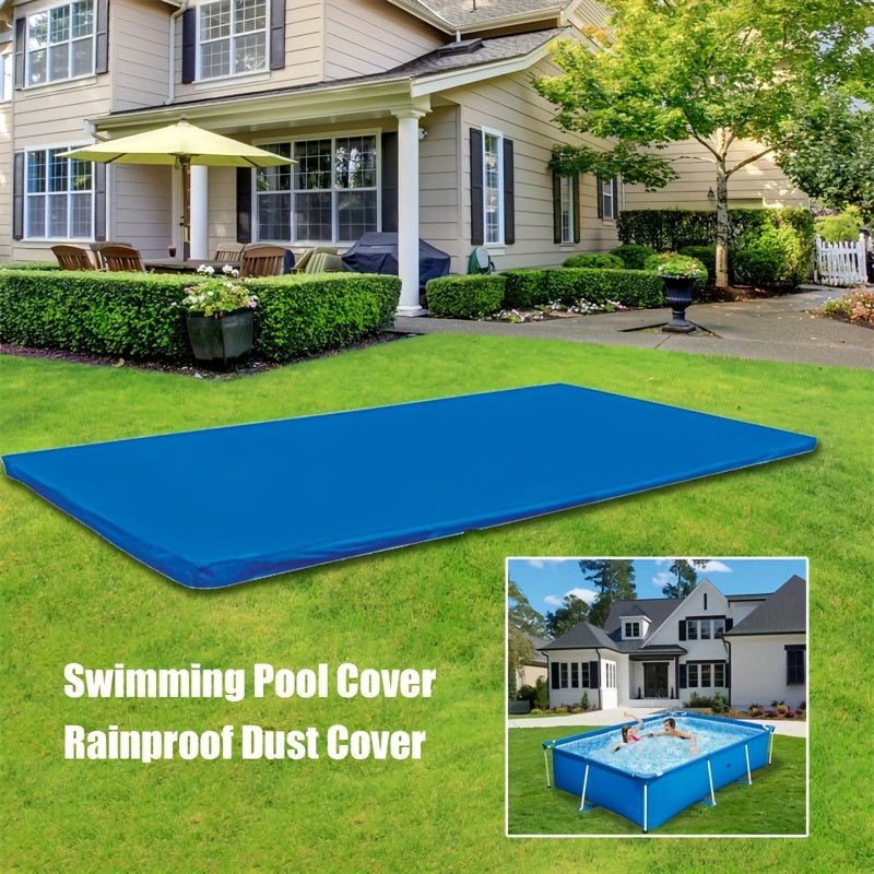 Blue square pool cover with frame for above ground pools, providing UV protection and safety. Ideal for outdoor, indoor, garden, and camping use. Shields against leaves, water, snow, and