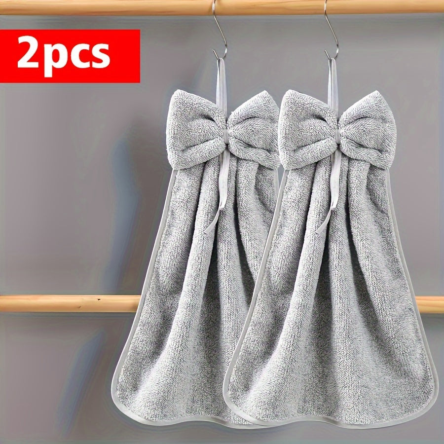 2 Bowknot Hanging Towels - Soft, Quick-Dry Coral Fleece with Loop for Kitchen & Bathroom - Ideal for Cleaning & Drying