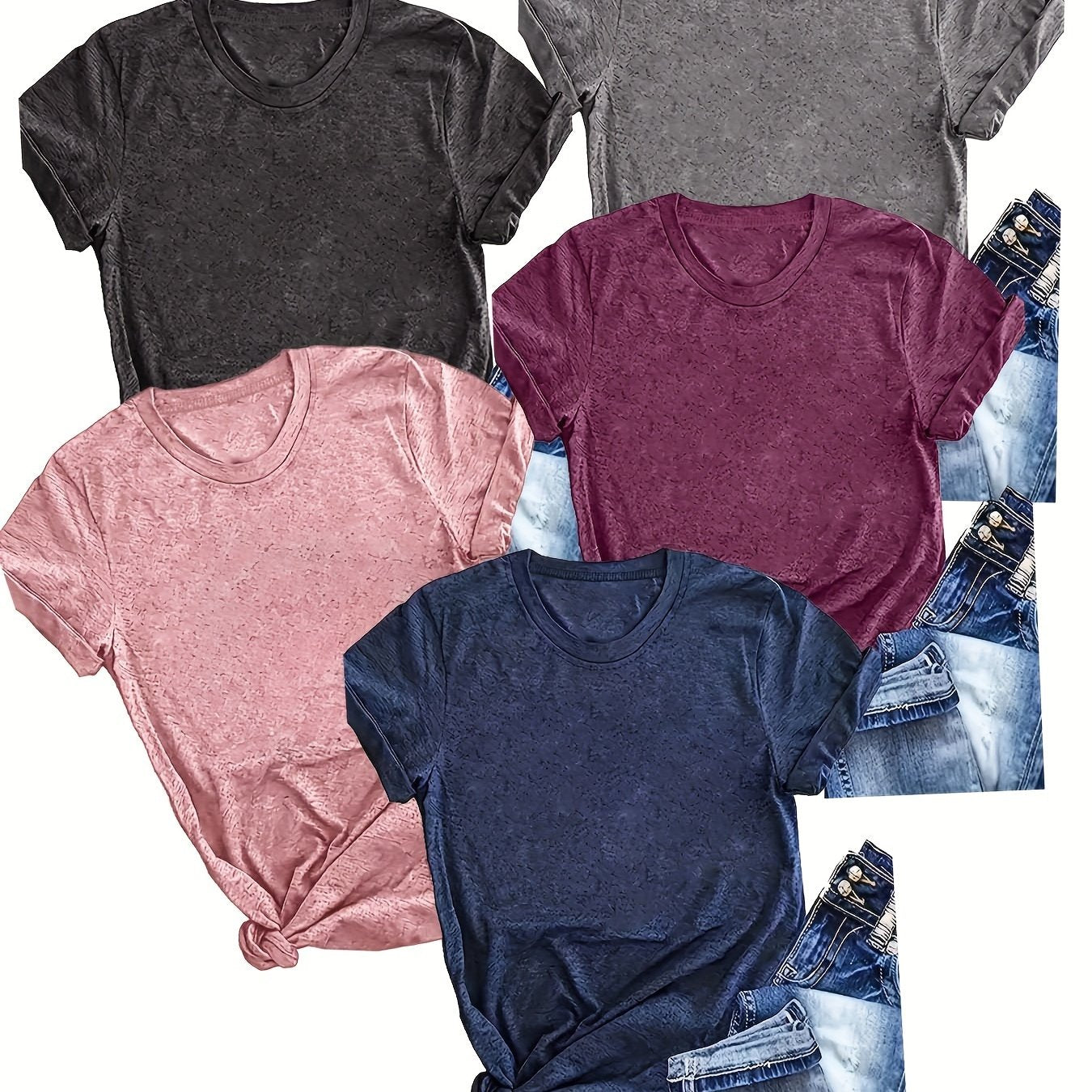 5-Pack Women's Casual Crew Neck T-Shirts, Solid Color Short Sleeve Summer Tops made from Polyester Knit Fabric with Slight Stretch