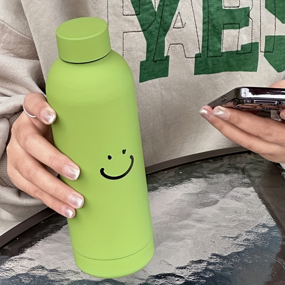 Stay hydrated in style with this sleek stainless steel insulated water bottle featuring a cheerful logo. This double-walled vacuum flask keeps drinks hot or cold, is reusable and break-resistant, and made from BPA-free materials. Ideal for gym, sports