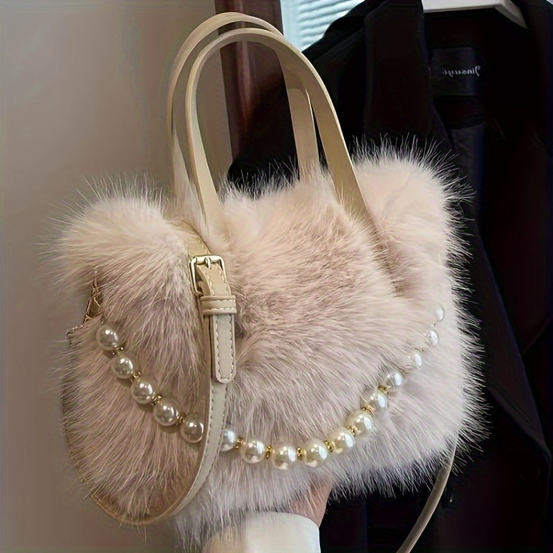 Stylish faux fur crossbody bag with pearl accents in pink, khaki, coffee, white, and black colors for women.