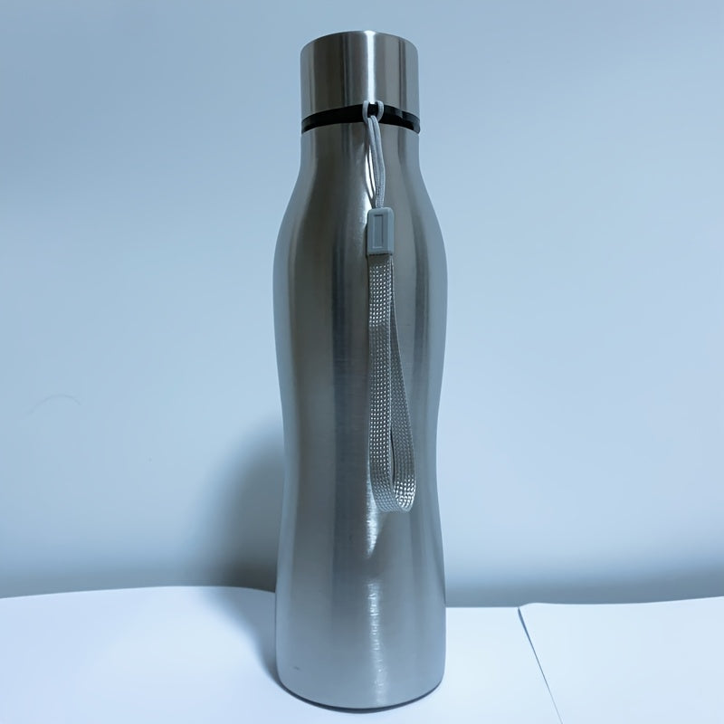 Large stainless steel water bottle with leakproof lid, wrist strap, and durable design for outdoor sports.