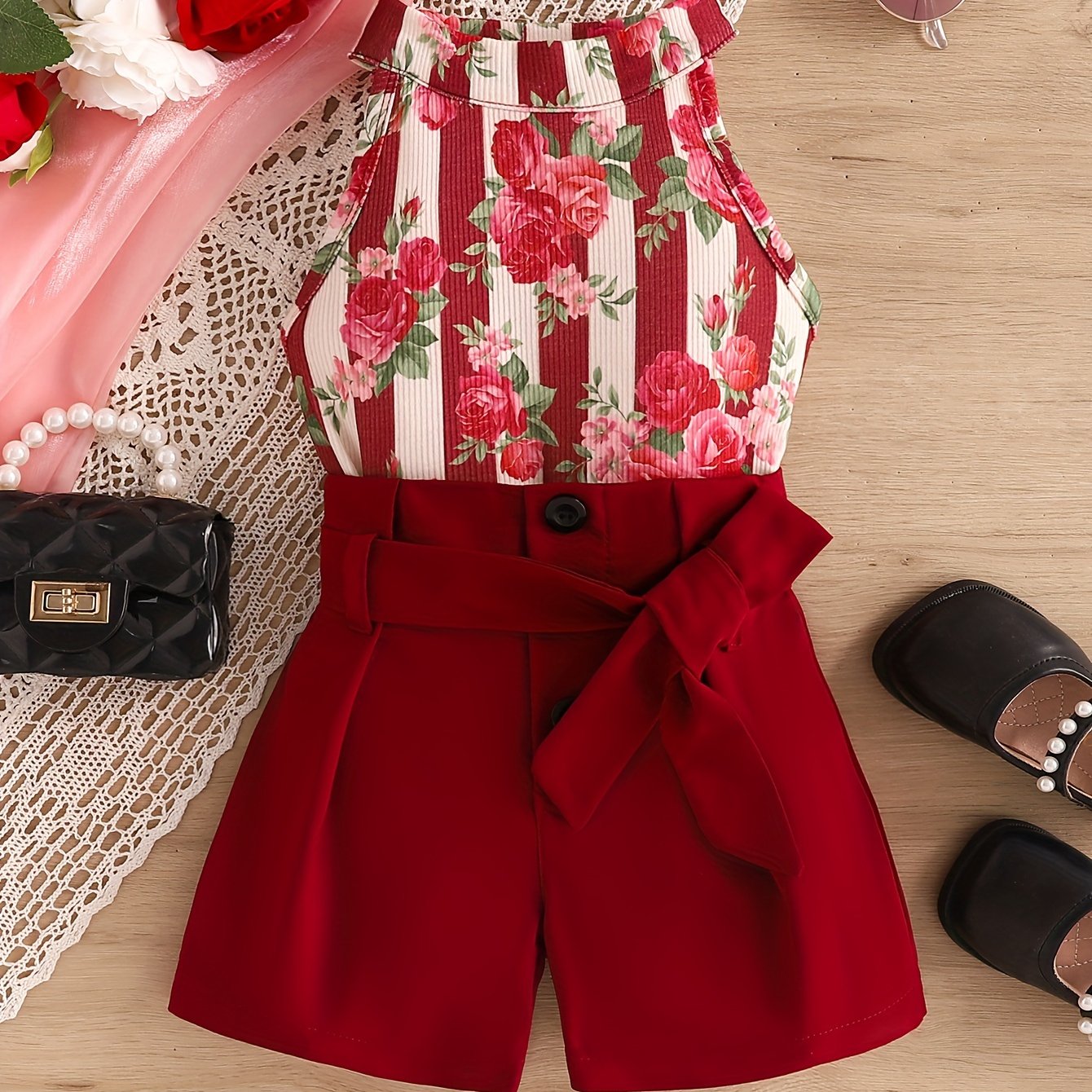 Girls' outfit with red rose print, halter neck stripe top, belt shorts set for summer holidays and outdoor activities.