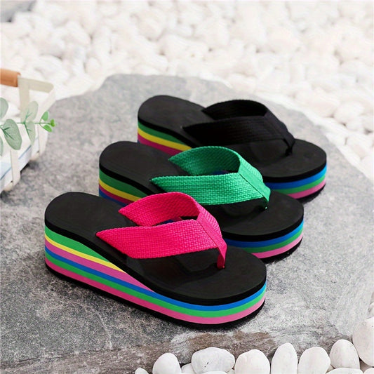 Women's Rainbow Sole Wedge Flip Flops, Slip On Platform Slide Shoes for Casual Lightweight Summer Beach wear.