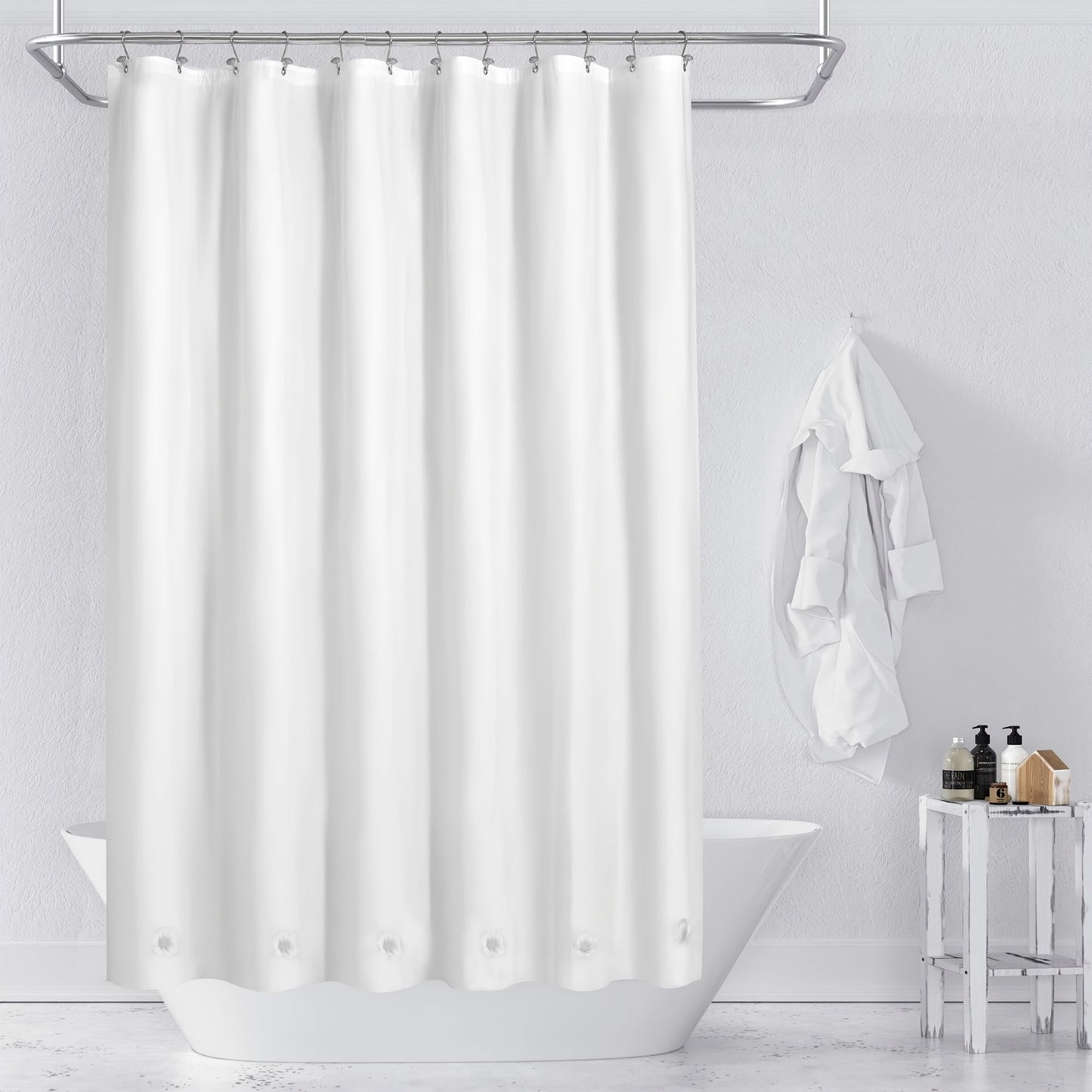 1pc White PEVA Waterproof Shower Curtain with Metal Grommets and Hooks, Machine Washable - Perfect for Bathrooms all year round.