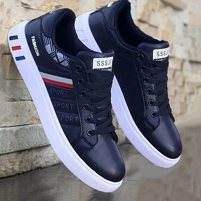 Men's fashion skate shoes with striped canvas design, PU upper, fabric lining, rubber sole, EVA insole, low top lace-up style, and round toe.