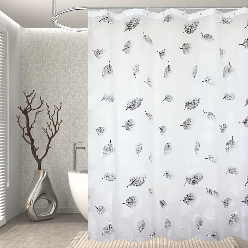 Waterproof shower curtain with leaf pattern and hooks. Easy to clean plastic, decorative bathroom accessory. Great holiday or New Year gift.