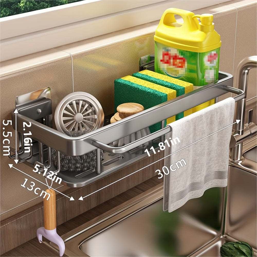 Wall mounted kitchen storage rack with built-in dish drainer and space-saving design, no need for drilling holes. Perfect for storing dish cloths and other kitchen accessories. Great multi-functional organizer for the home.