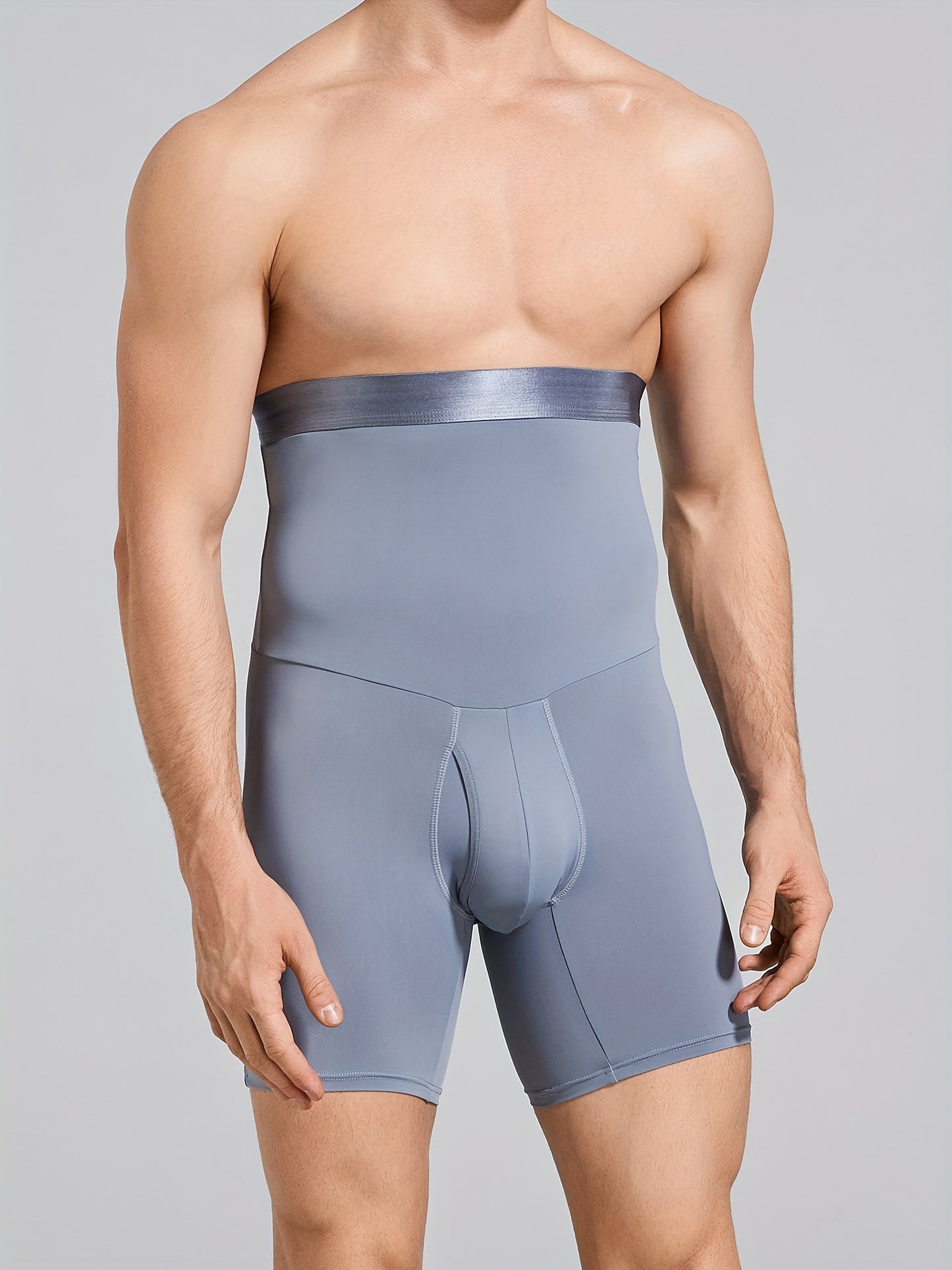 Men's high waist tummy control shorts for slimming in grey color, with body shaping and leg underwear features.