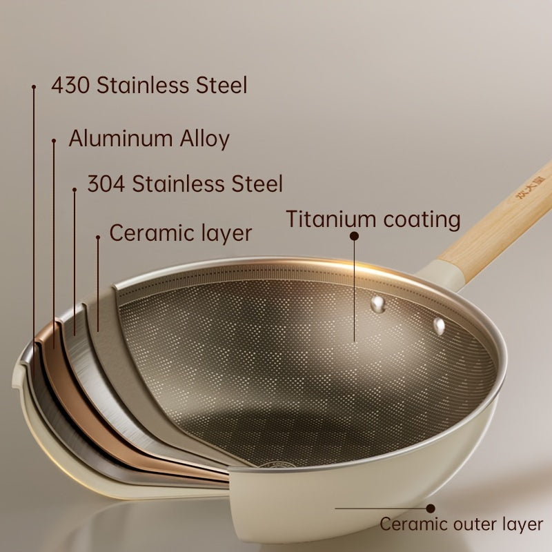 The COOKER KING Chef's Pan is a non-stick wok with a Titanium coating and stainless steel construction for healthy cooking. It features multi-layer construction, no chemical coating, and is PTFE & PFOA free. The pan is also induction compatible and comes