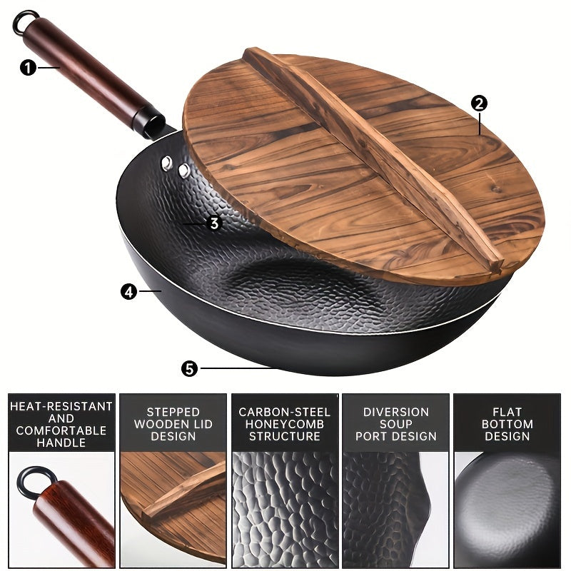 Large 32.0cm Cast Iron Skillet with Cedar Wood Lid - Safe and Natural, Works on Electric & Gas Stoves, Ideal for Cooking & Frying - Must-Have Kitchen Tool, Traditional Chinese Design, Flat Bottom, Cooking Essential