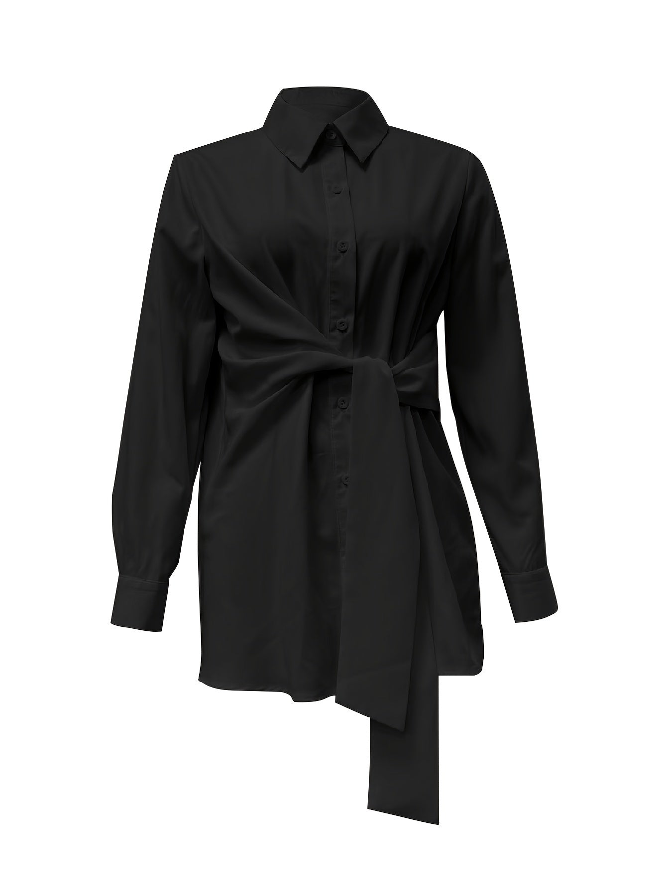 Lapel collar women's shirt made of 100% polyester with long sleeves and button front. All-season woven fabric, 117 gsm weight - versatile for adults.