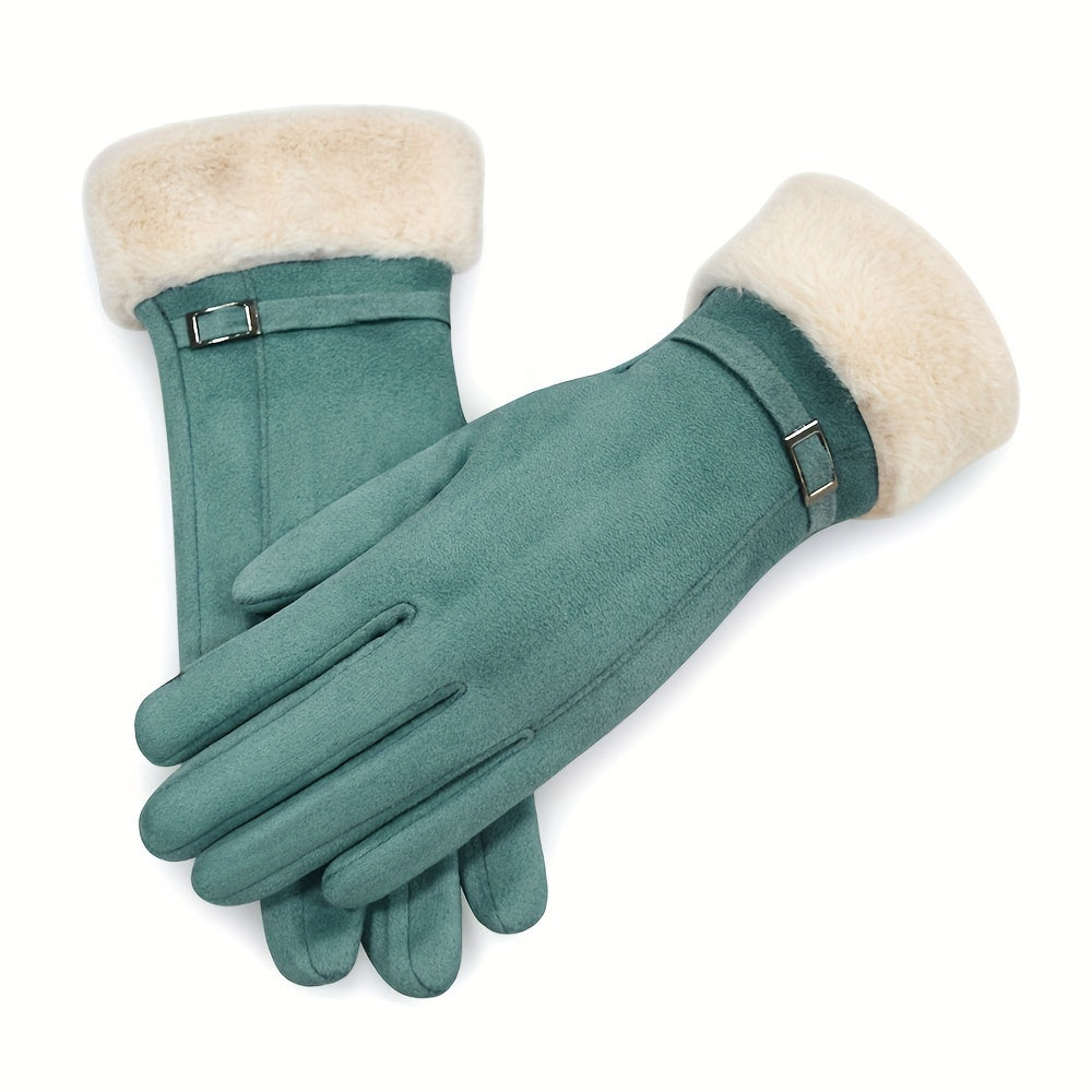 Winter gloves for women that are touchscreen-compatible, made of warm suede with plush lining, featuring an elastic fit and available in multiple colors.