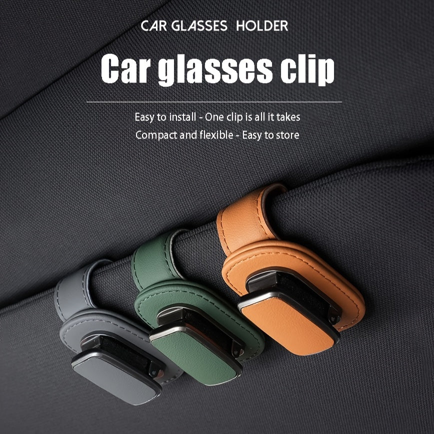 High-quality faux leather car sun visor clip with sturdy glasses holder, universal fit for dashboard and console storage.