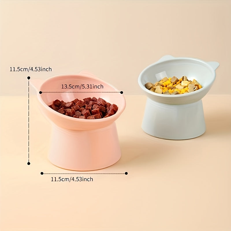 Two elevated cat bowls with tilted design made of durable plastic for easy cleaning, whisker-friendly, neck strain reducing, and digestion enhancing.