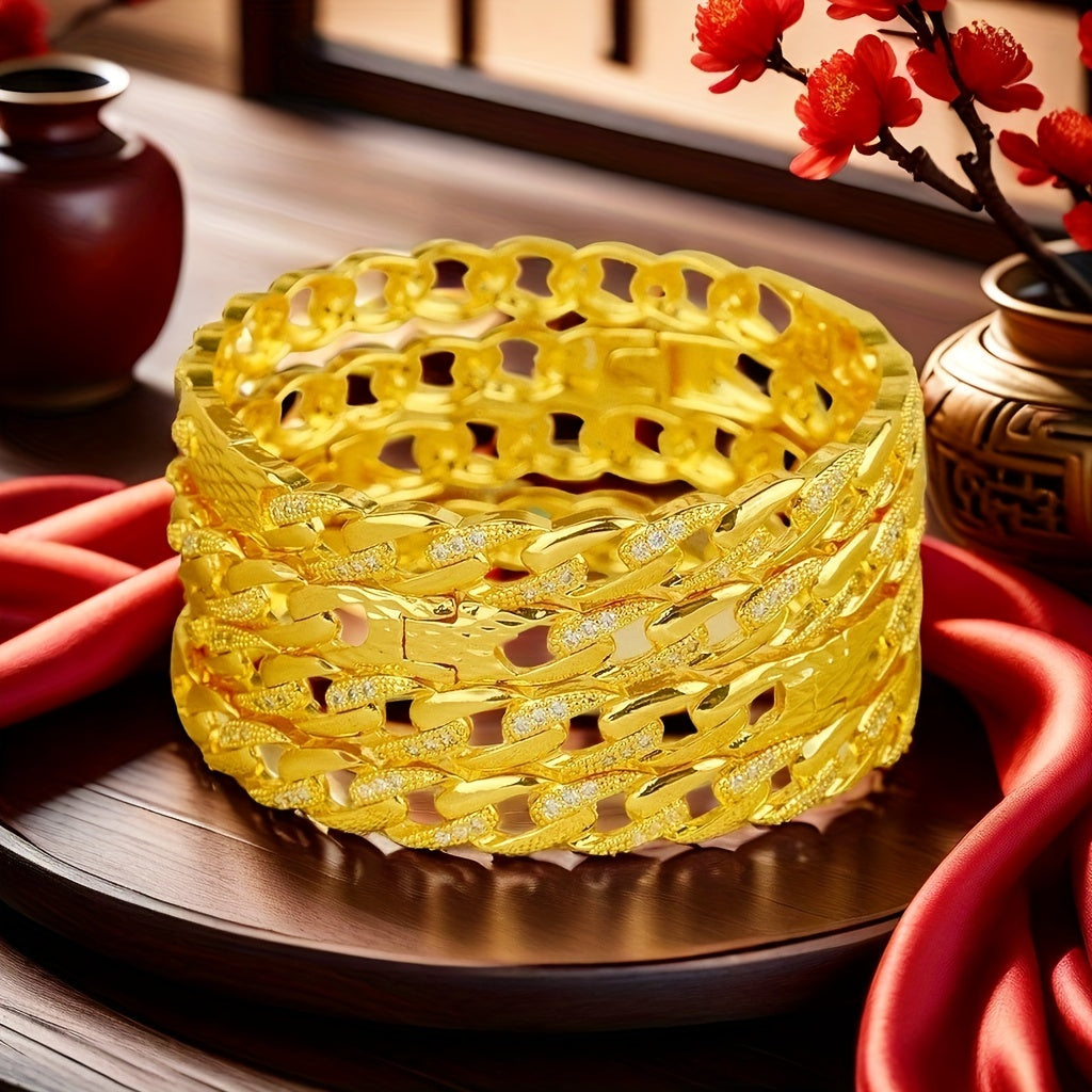 Luxurious set of 4 bohemian style bangles made of 24K gold plated copper adorned with synthetic zirconia. Featuring a fashionable design perfect for weddings, parties, and banquets. Makes a great gift for the Spring Festival, suitable for all seasons.