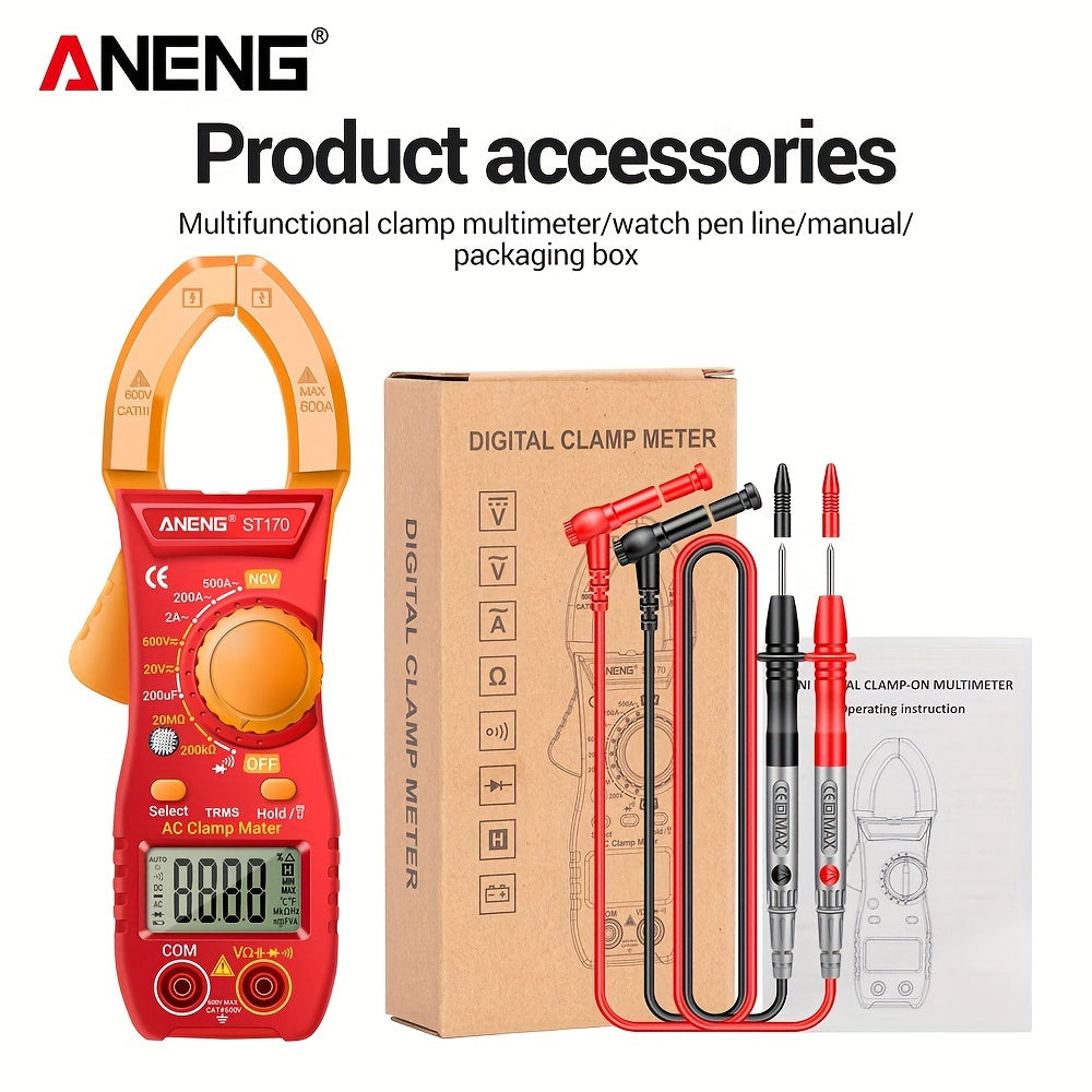 ANENG ST170 is a digital clamp meter with 500A AC current, 1999 counts, AC/DC voltage testing, Hz measurement, capacitance testing, non-contact voltage detection, resistance testing, and