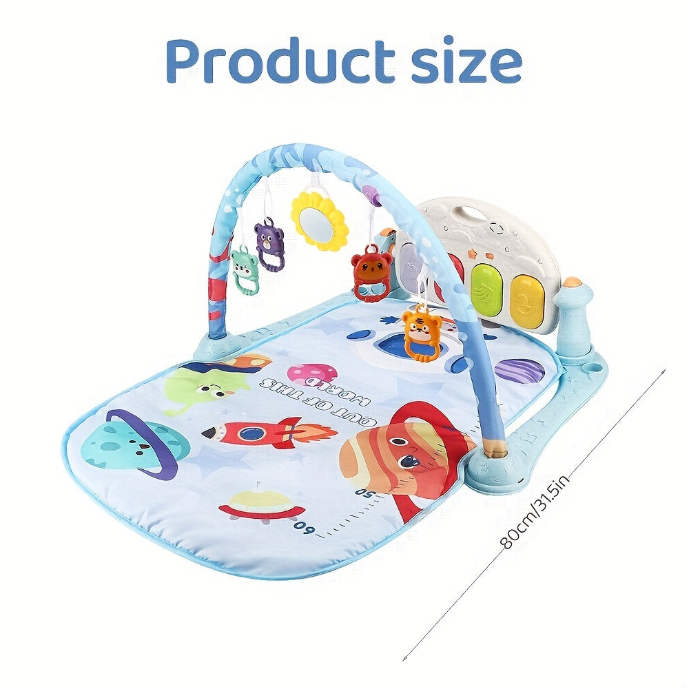 Soft, removable pads for youngsters on a Deluxe Blue Play Mat featuring a 60-song musical piano and bell stand. The perfect birthday or Christmas gift for youngsters.