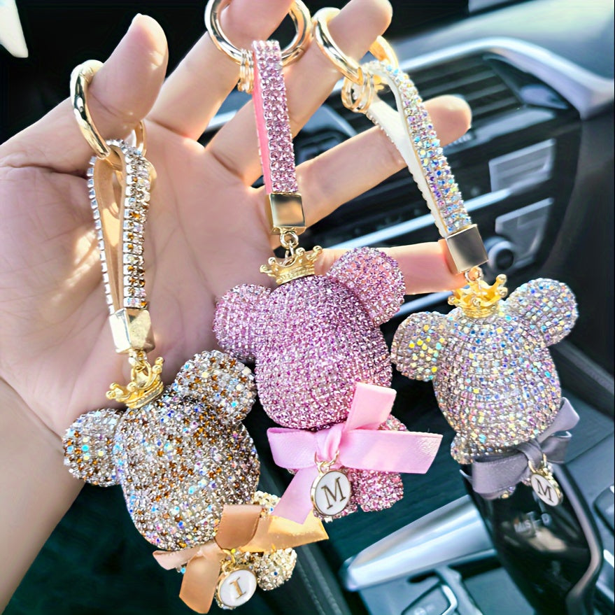 Rhinestone Bear Keychain - Adorable Cartoon Animal Keychain with Metal Ring for Bags, Backpacks, Cars, or Keys - Perfect Gift for Women and Girls