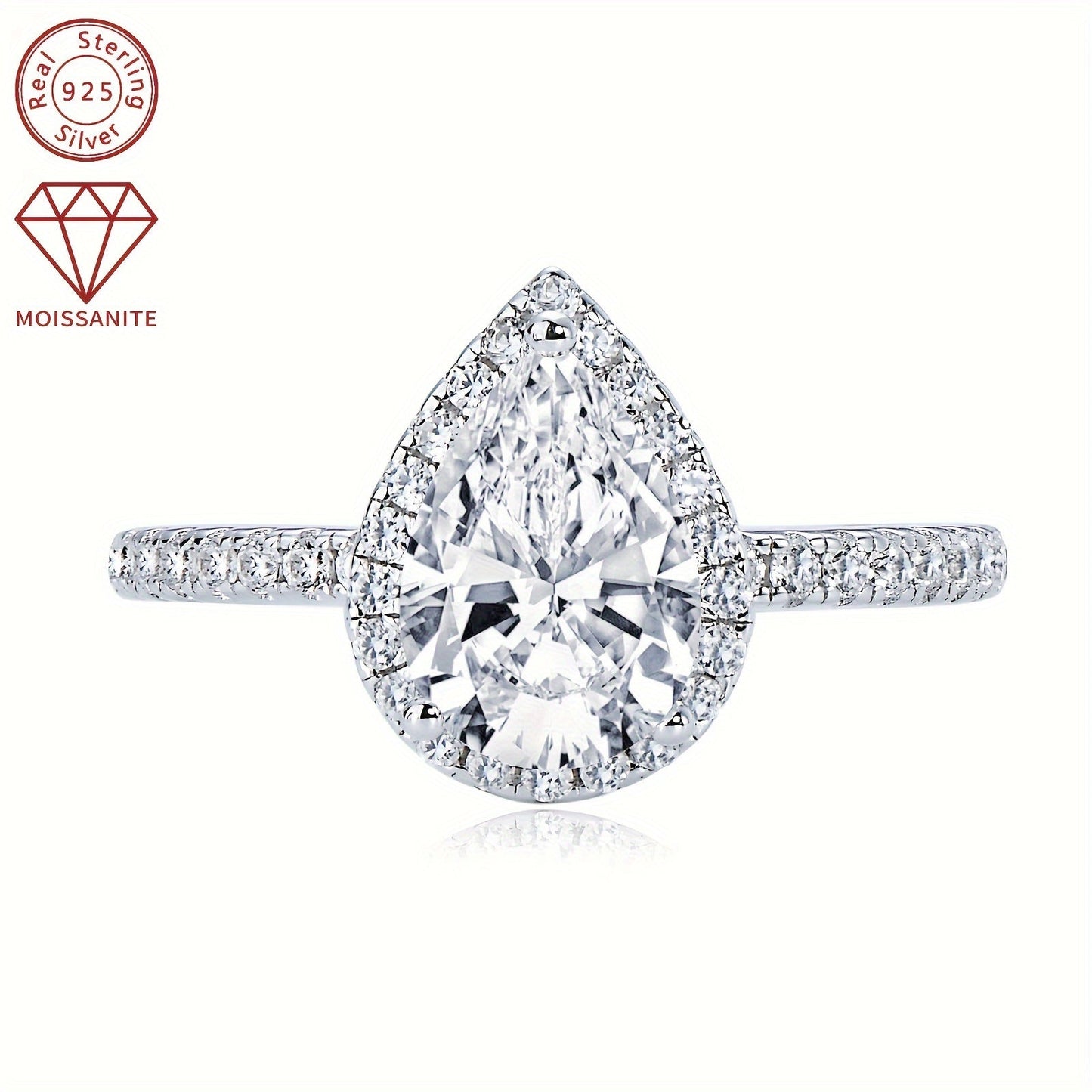 925 Sterling Silver Women's Engagement Ring featuring a center Moissanite pear-shaped stone measuring 7x10mm and weighing 2 carats. Surrounding the center stone are additional Moissanite stones, creating a stunning teardrop shape. This ring is perfect