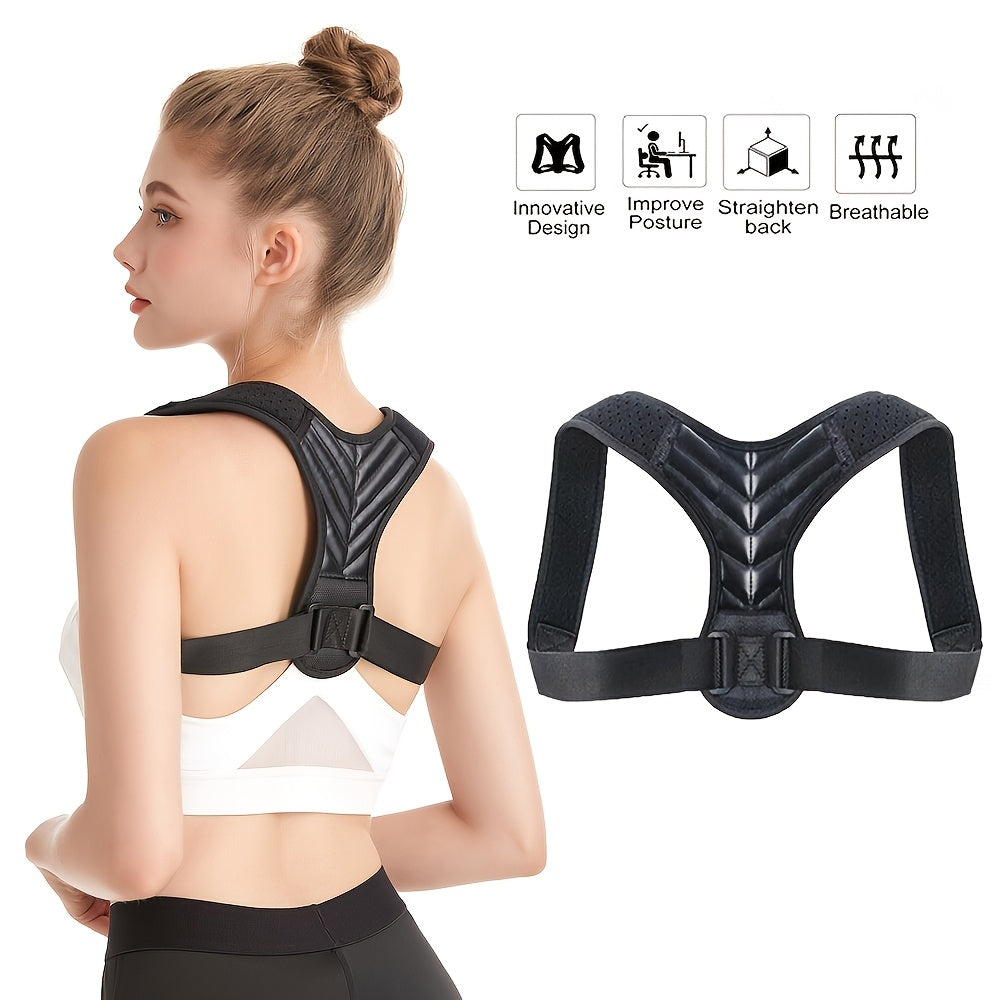 Adjustable back brace for women and men improves posture and supports shoulders. Comfortable and breathable design.