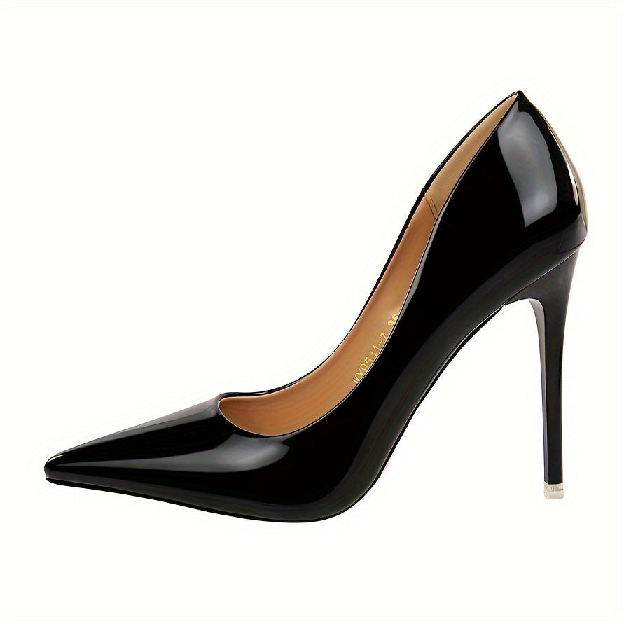 Elegant metallic stiletto heels for women with sleek pointed toe, transparent strap, and lightweight PU cover.