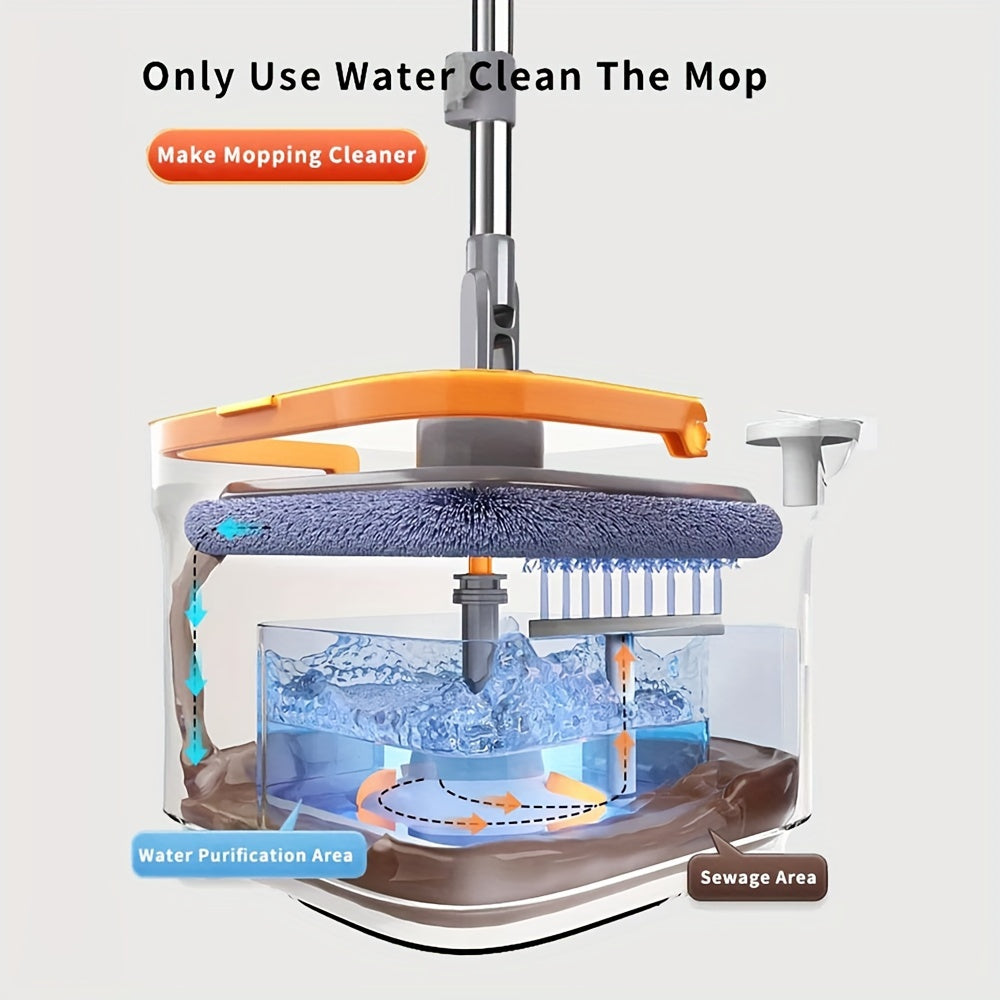 The All-in-One Spin Mop and Bucket Set includes 1 bucket, 1 stainless steel handle, and 4 reusable microfiber heads. This easy wringing flat mop is perfect for wet and dry floor cleaning in any room of the house, including the living room, bedroom