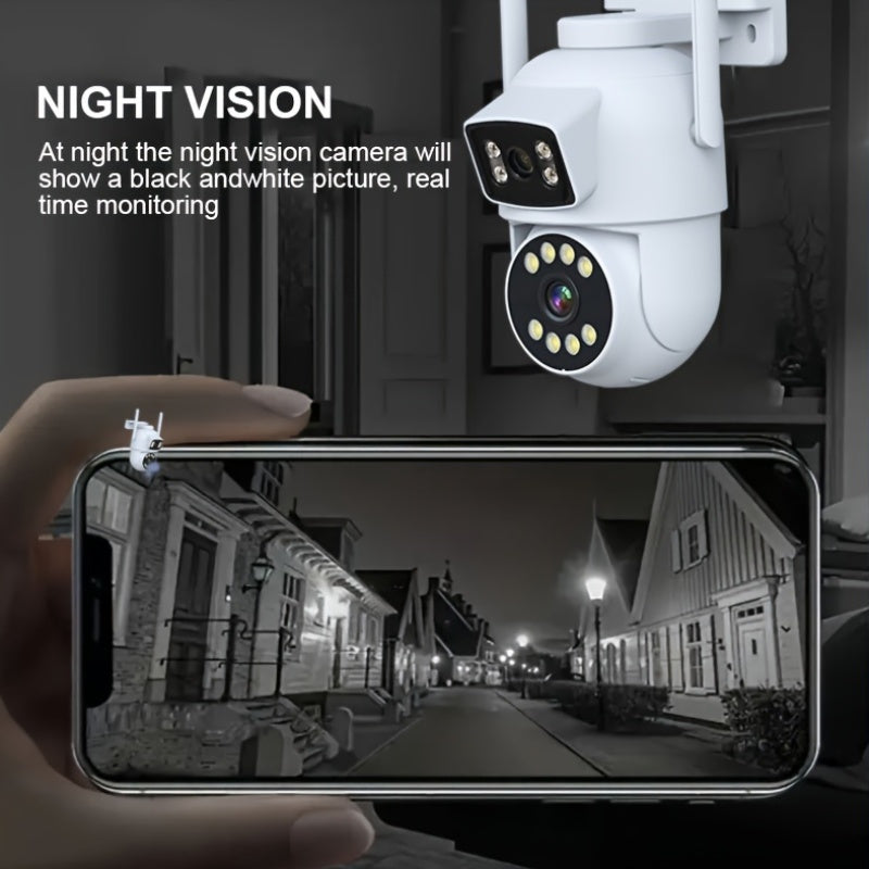 The 360 Degree Dual-Lens WiFi Security Camera offers 1080P HD Video, Intelligent Motion Detection, Two-Way Audio, USB Powered, Smartphone Compatibility, and a Round Shape Without the Need for Batteries.