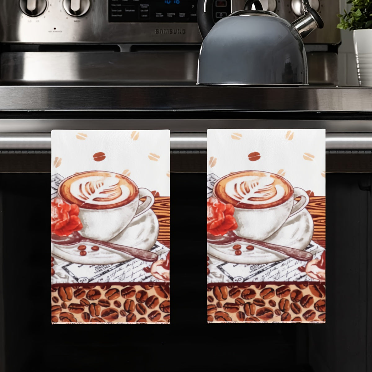 2 Coffee Lover's Kitchen Towels featuring Latte & Cappuccino Art - Perfect for Cafe Decor or Housewarming Gifts